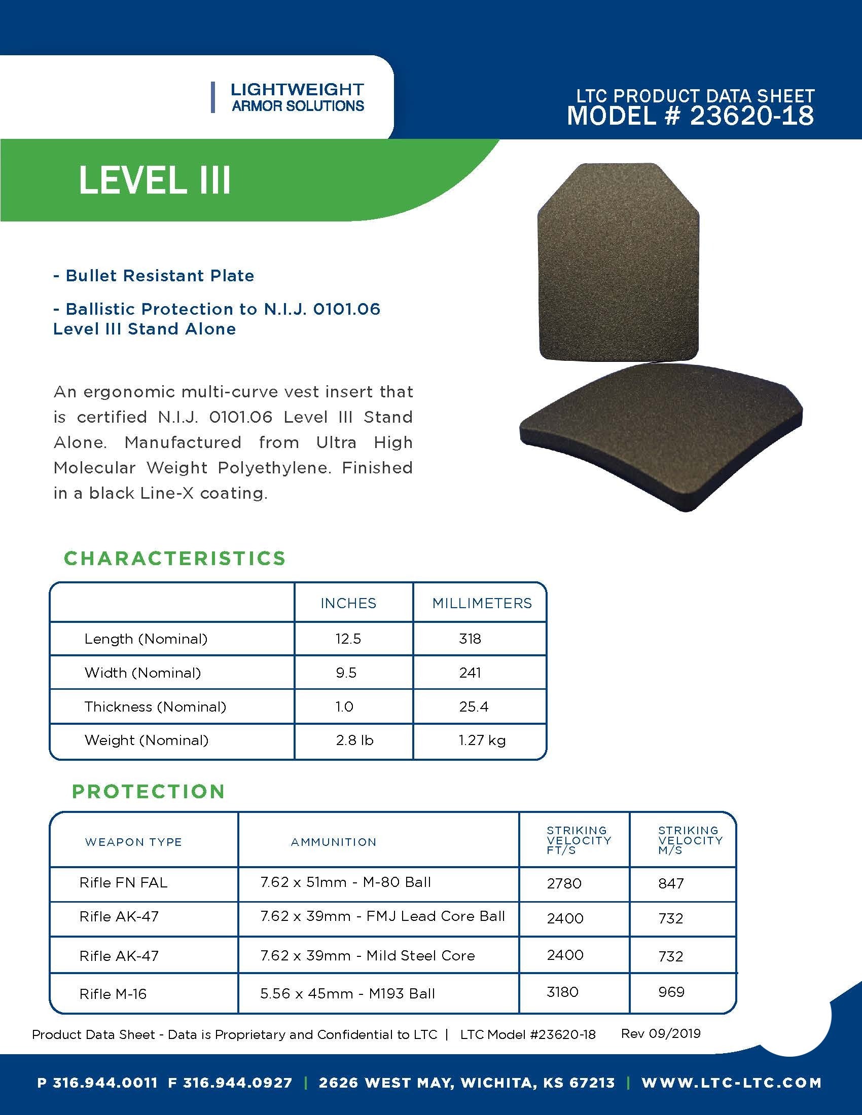 Ballistic Plate, LTC Product Data Sheet, Model 23620-18