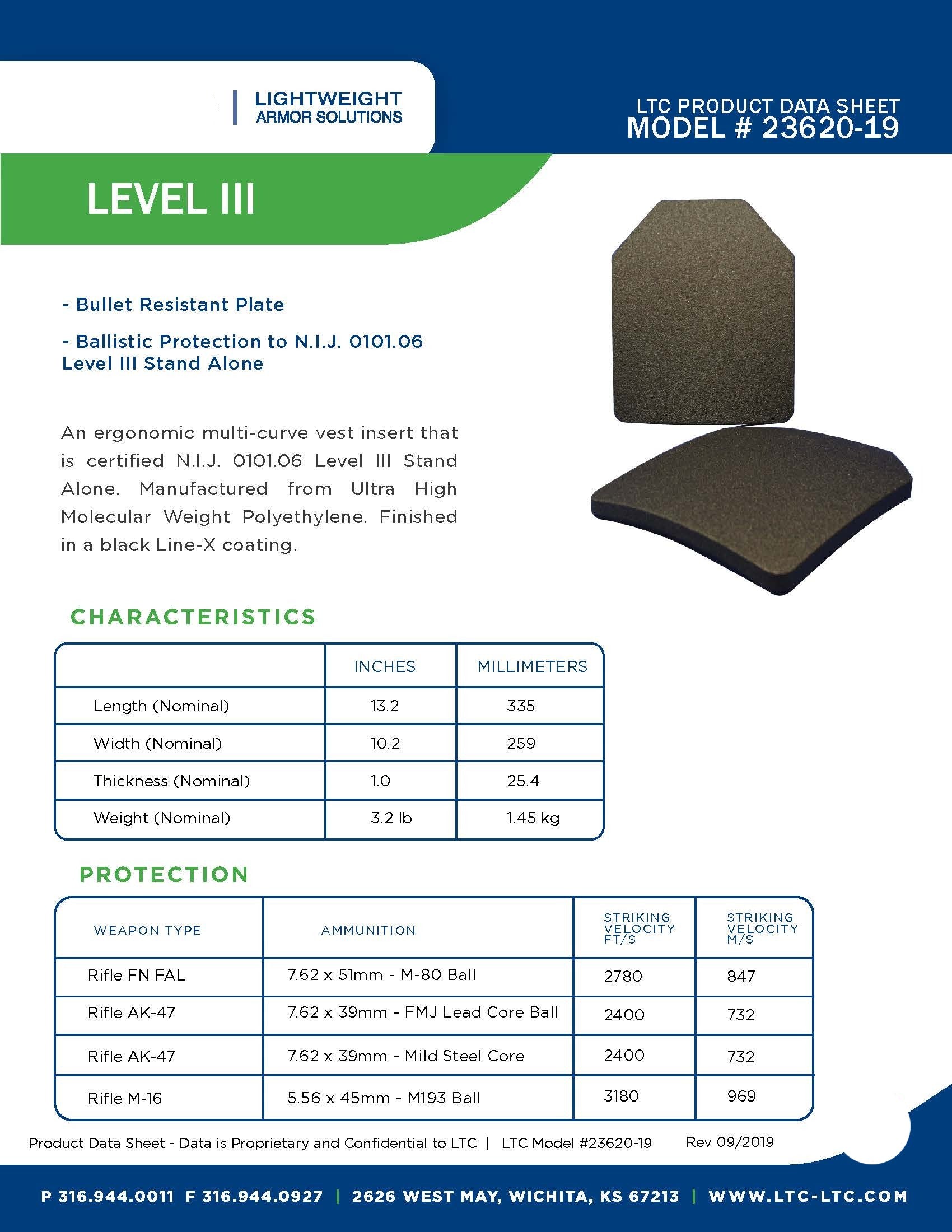 Ballistic Plate, LTC Product Data Sheet, Model 23620-19