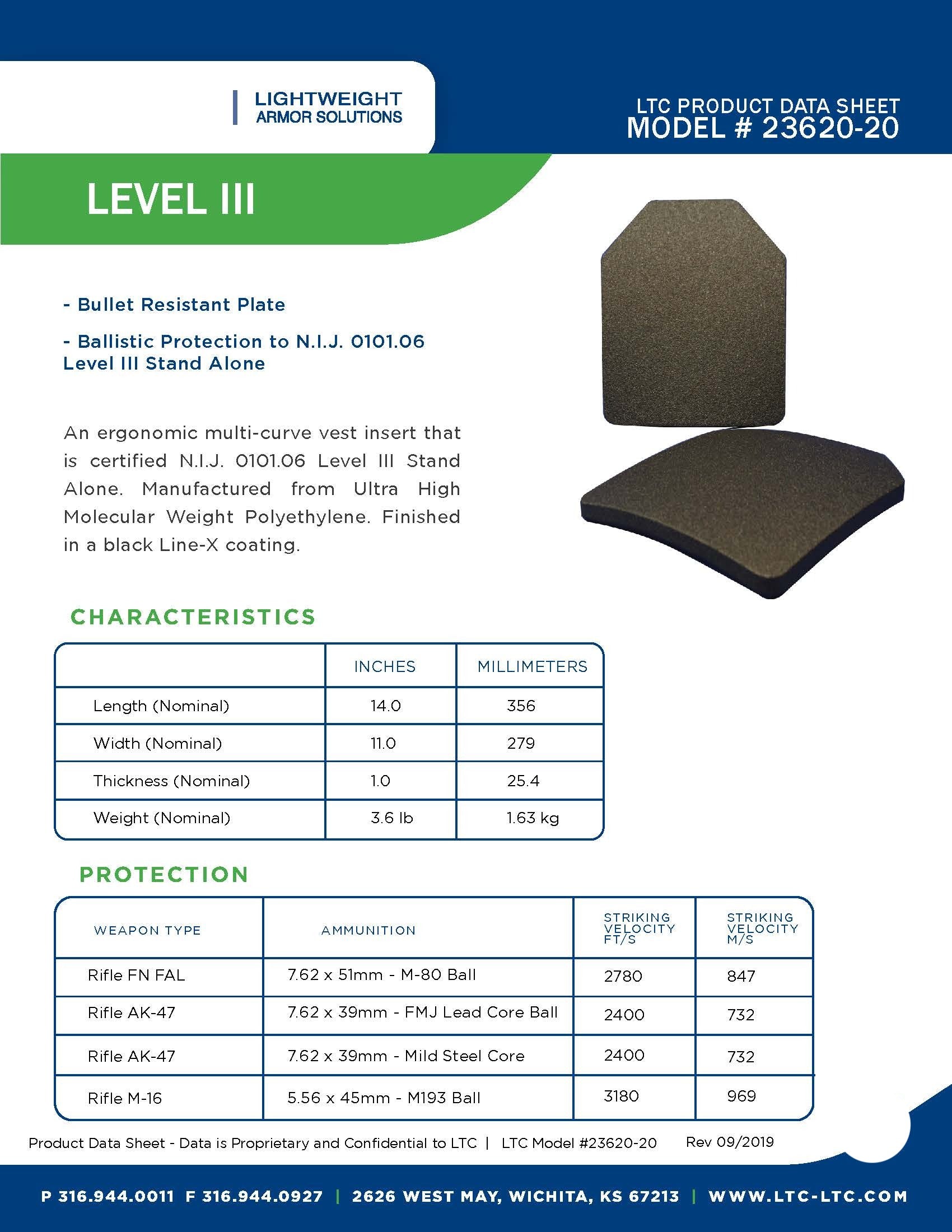 Ballistic Plate, LTC Product Data Sheet, Model 23620-20