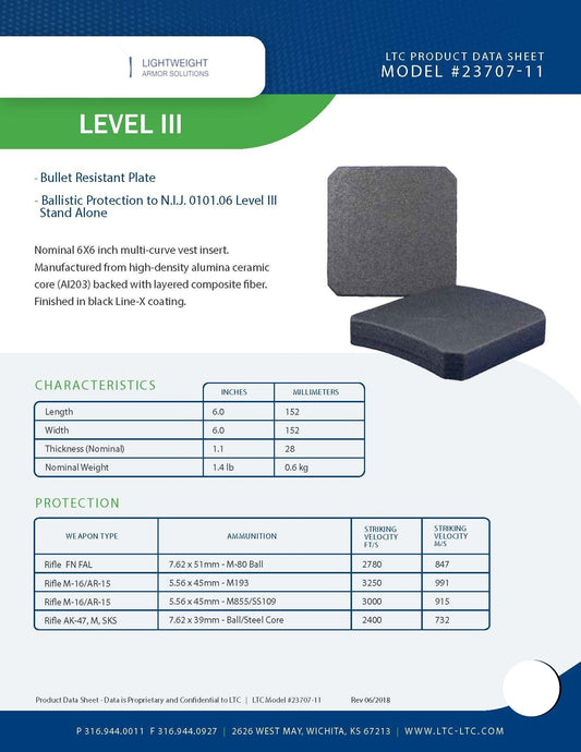 Ballistic Plate, LTC Product Data Sheet, Model 23707-11