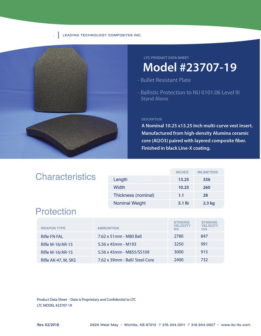 Ballistic Plate, LTC Product Data Sheet, Model 23707-19