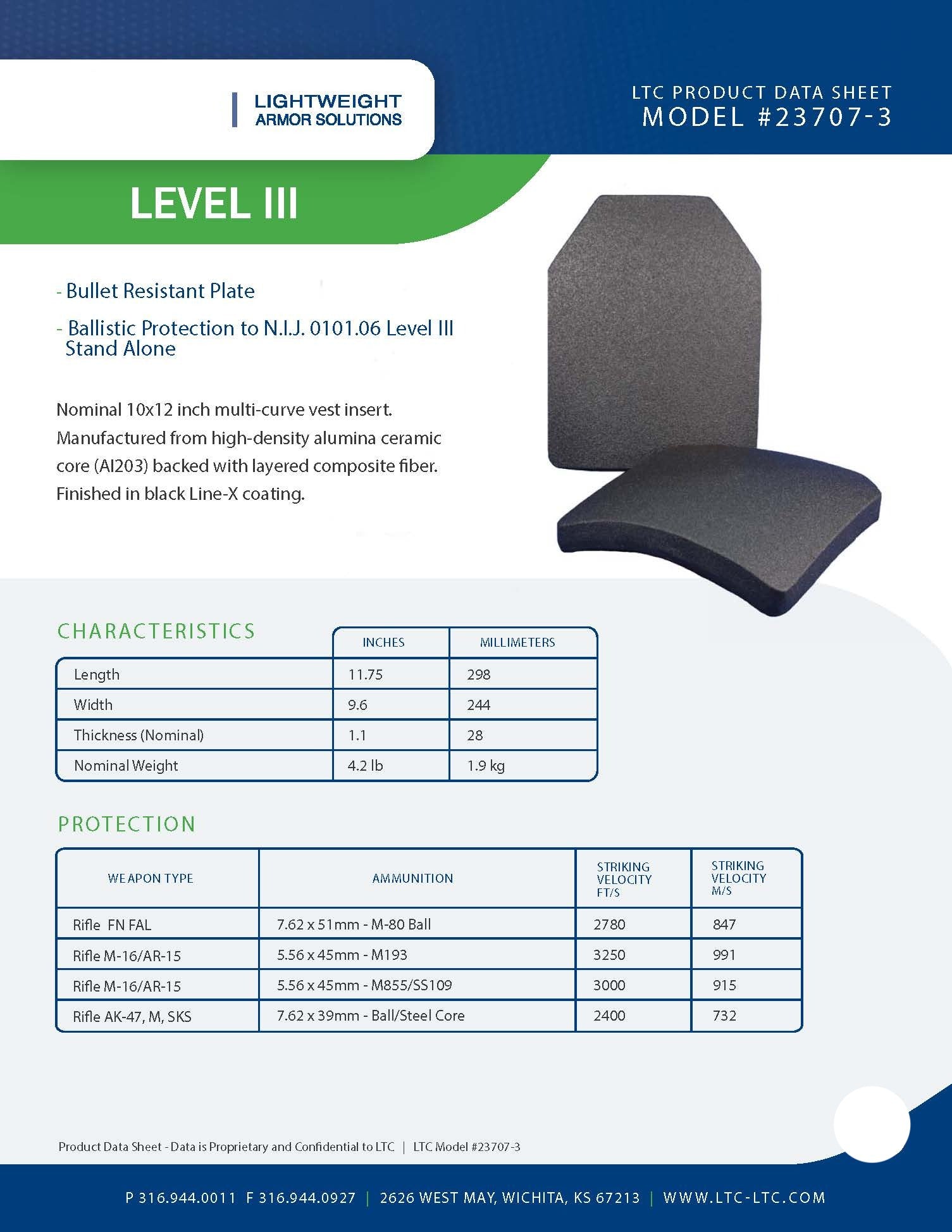 Ballistic Plate, LTC Product Data Sheet, Model 23707-3