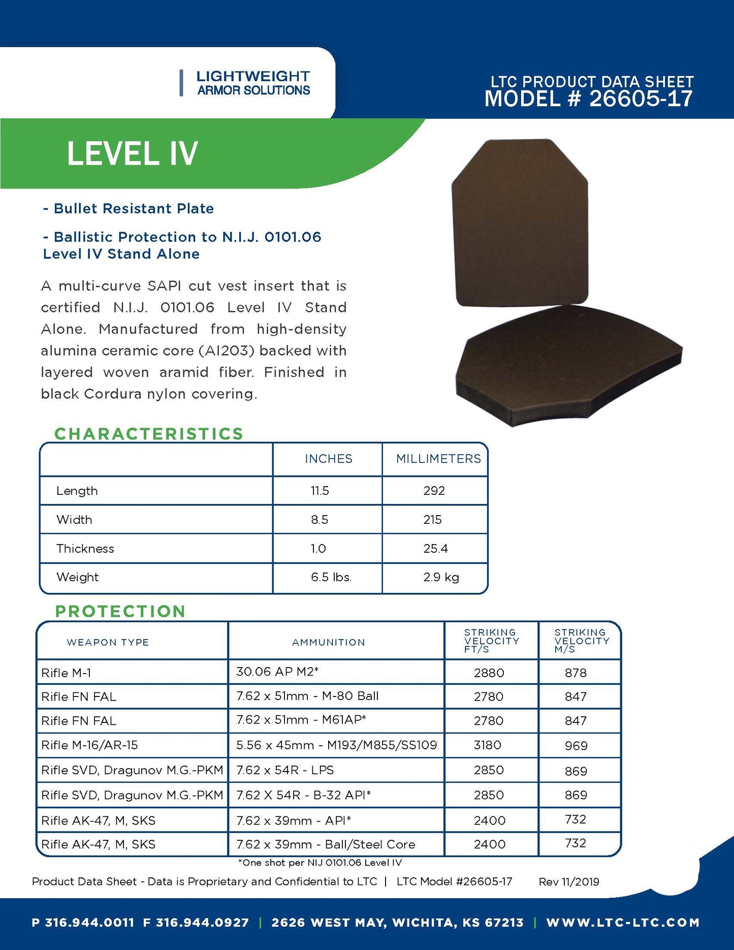 Ballistic Plate, LTC Product Data Sheet, Model 26605-17