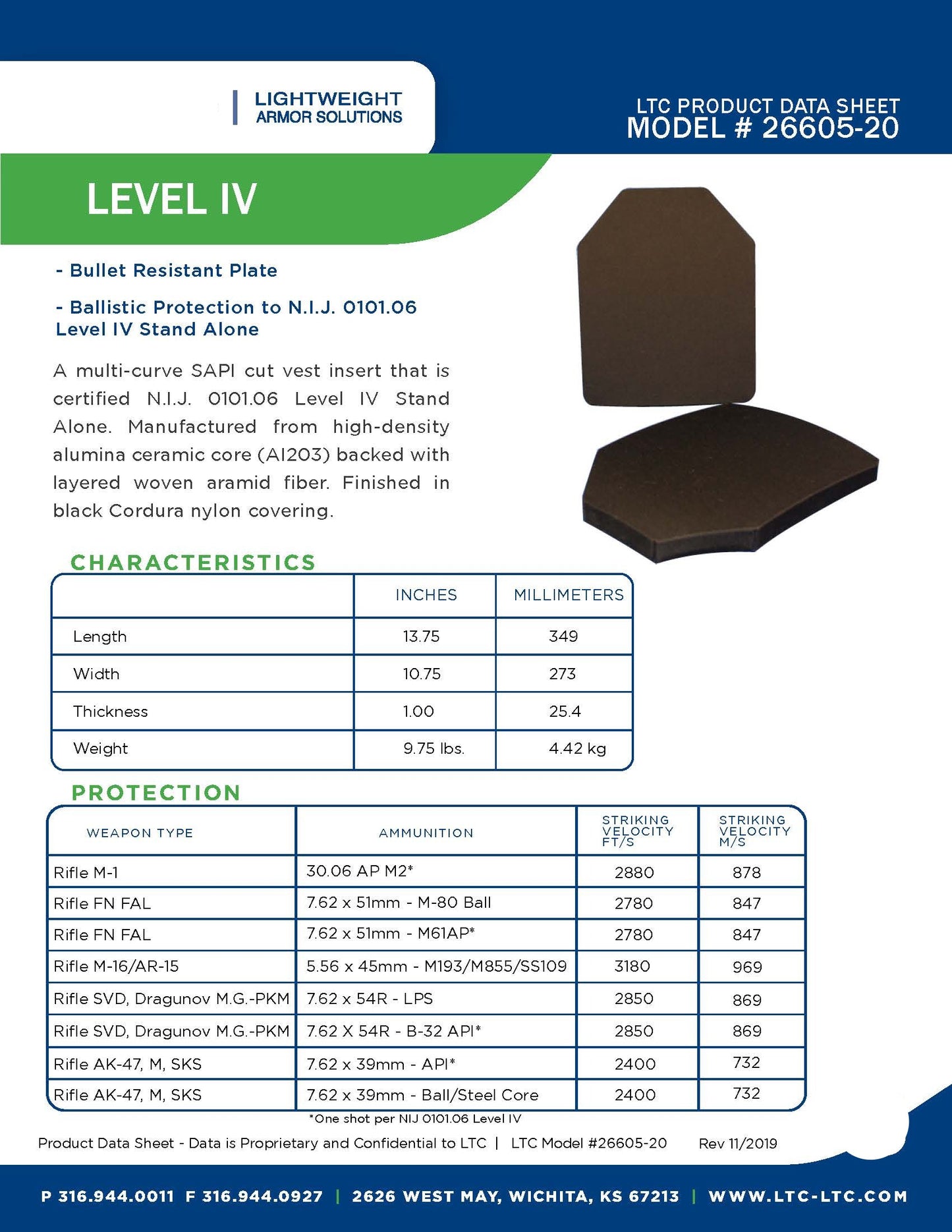 Ballistic Plate, LTC Product Data Sheet, Model 26605-20