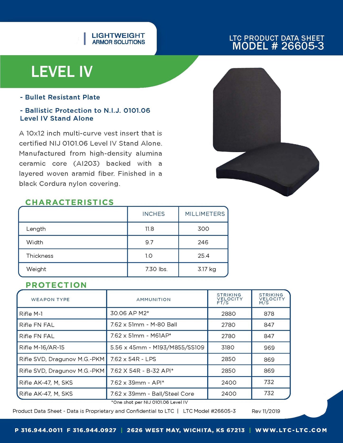 Ballistic Plate, LTC Product Data Sheet, Model 26605-3