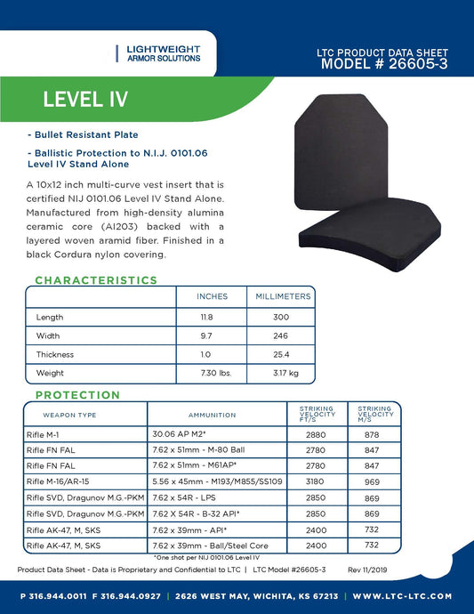 Ballistic Plate, LTC Product Data Sheet, Model 26605-3