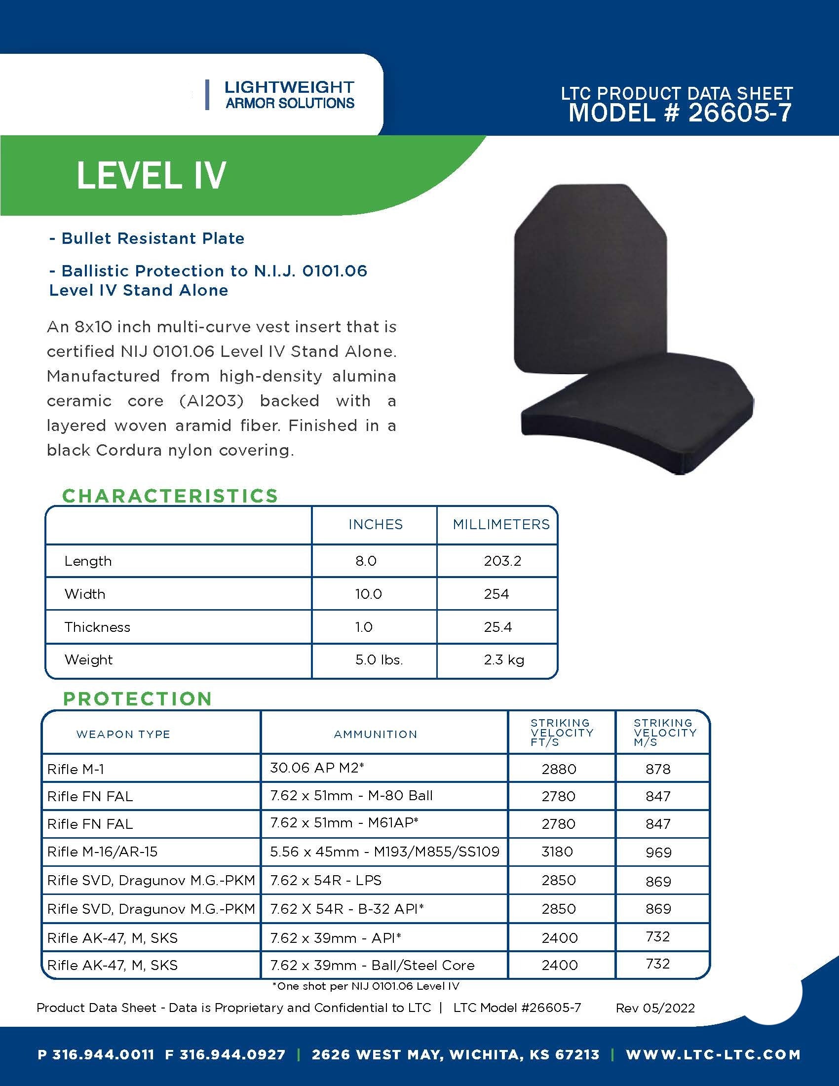 Ballistic Plate, LTC Product Data Sheet, Model 26605-7