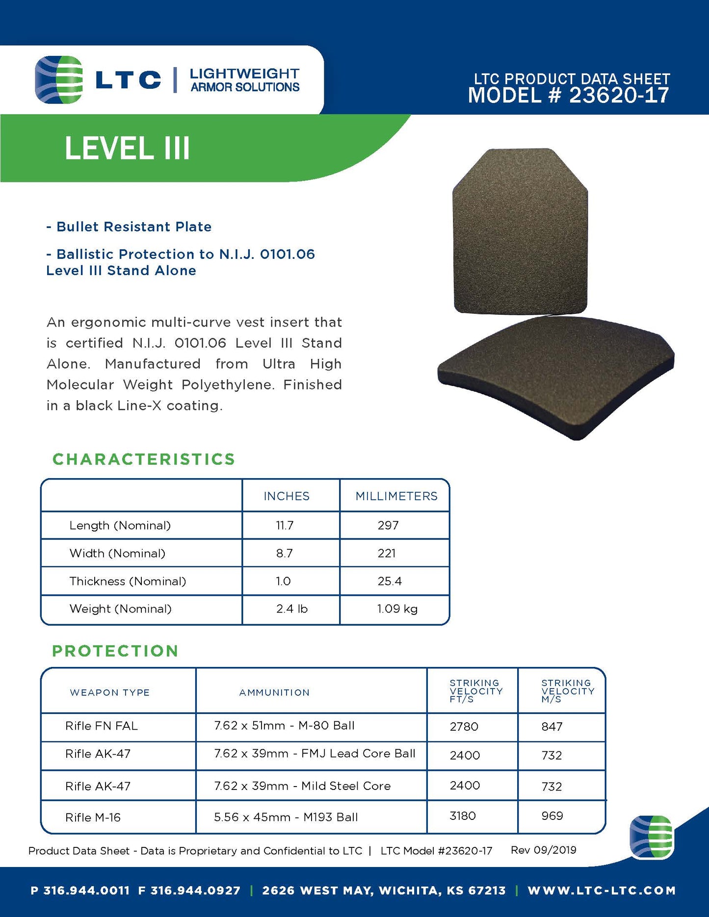 Ballistic Plate, LTC Product Data Sheet, Model 23620-17
