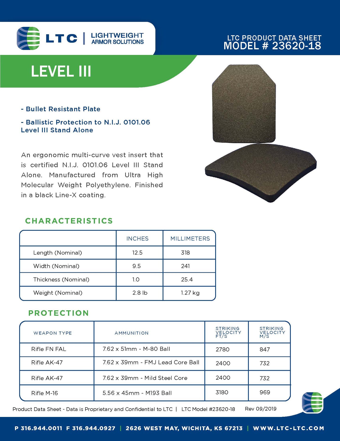 Ballistic Plate, LTC Product Data Sheet, Model 23620-18