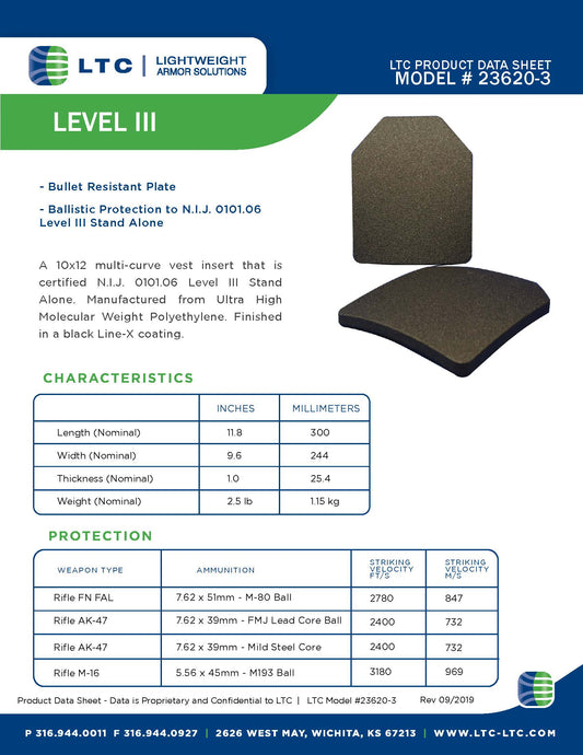 Ballistic Plate, LTC Product Data Sheet, Model 23620-3