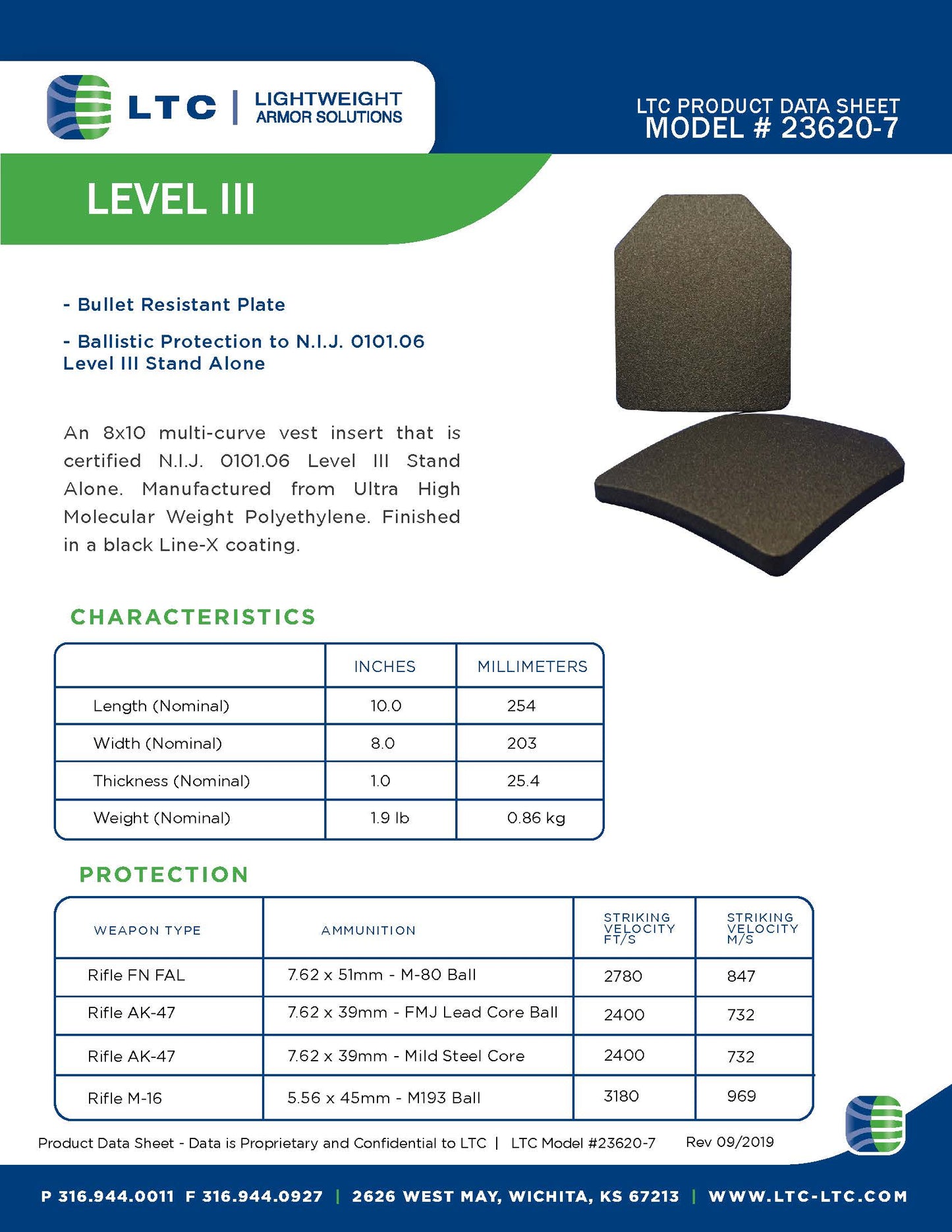 Ballistic Plate, LTC Product Data Sheet, Model 23620-7
