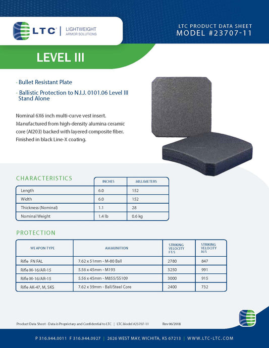 Ballistic Plate, LTC Product Data Sheet, Model 23707-11