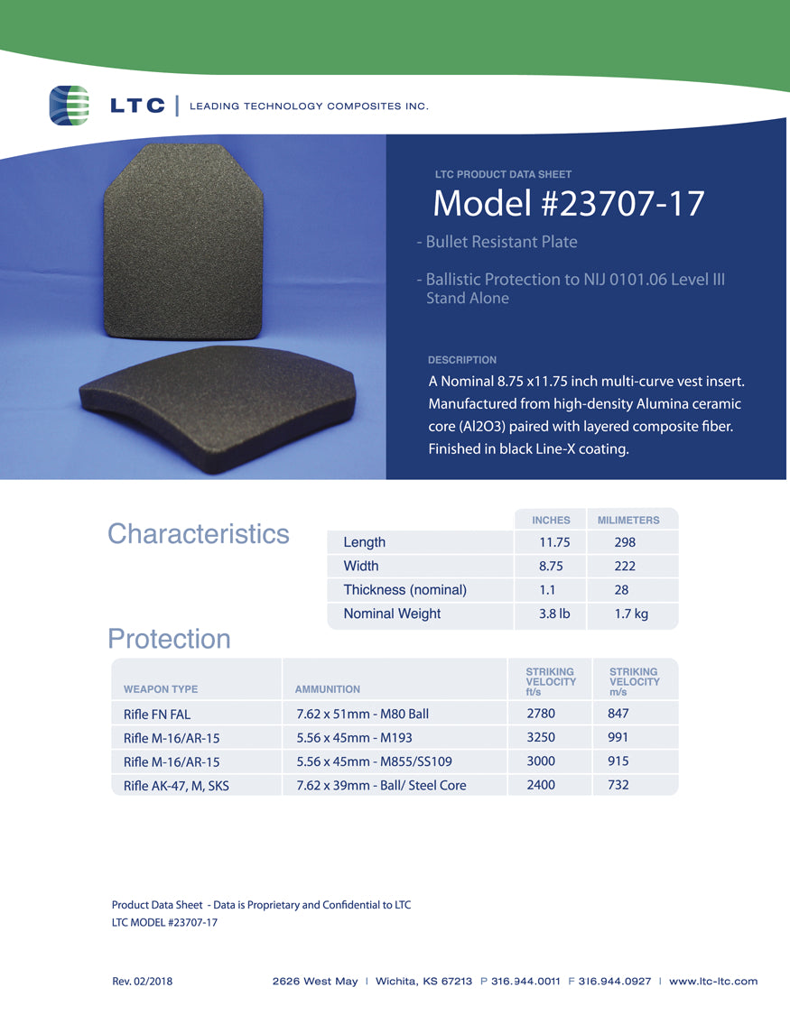 Ballistic Plate, LTC Product Data Sheet, Model 23707-17