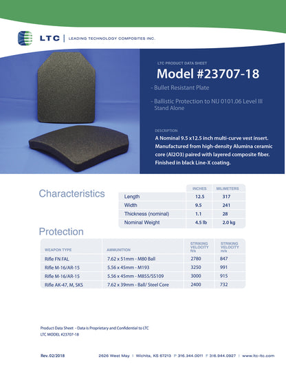 Ballistic Plate, LTC Product Data Sheet, Model 23707-18