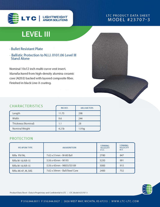 Ballistic Plate, LTC Product Data Sheet, Model 23707-3