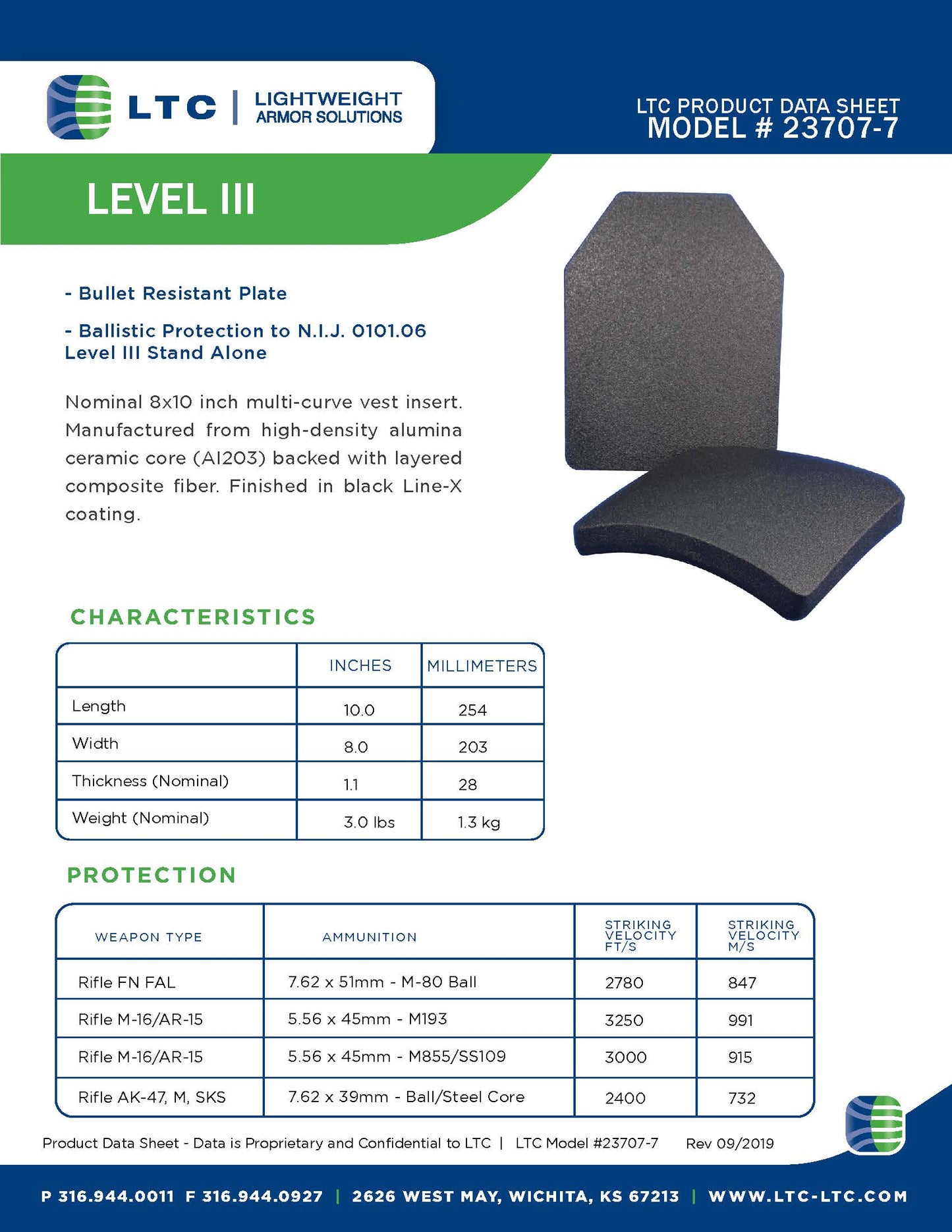 Ballistic Plate, LTC Product Data Sheet, Model 23707-7