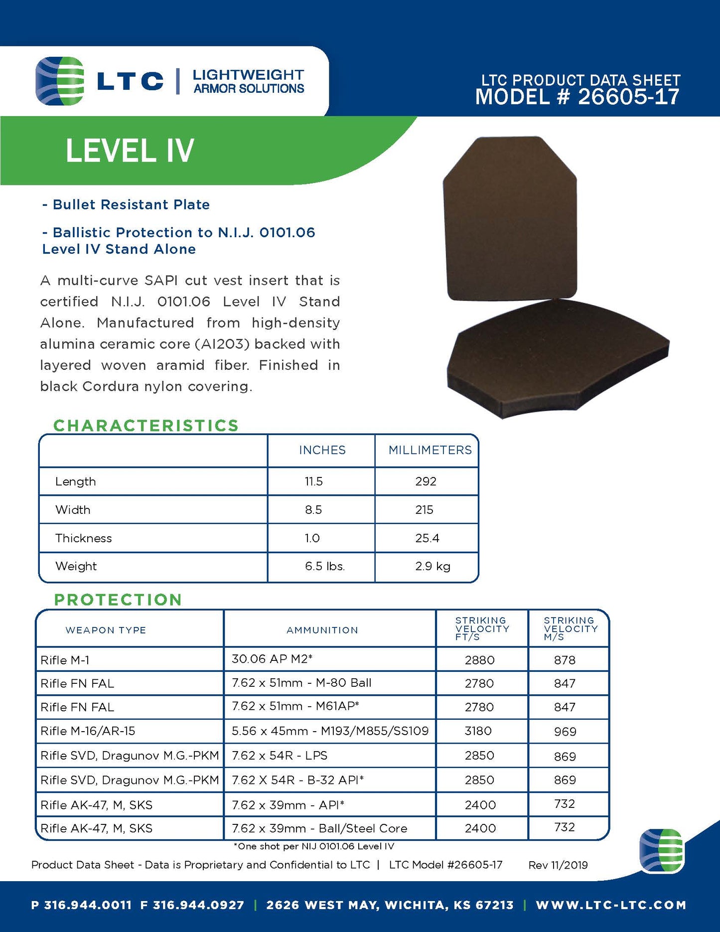 Ballistic Plate, LTC Product Data Sheet, Model 26605-17
