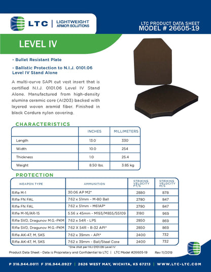 Ballistic Plate, LTC Product Data Sheet, Model 26605-19