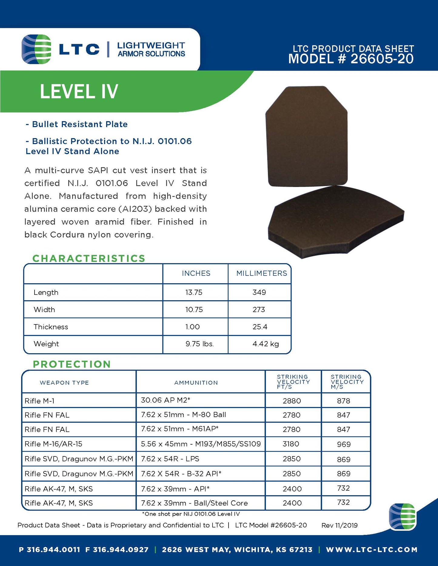 Ballistic Plate, LTC Product Data Sheet, Model 26605-20