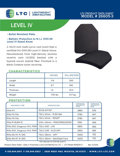 Ballistic Plate, LTC Product Data Sheet, Model 26605-3