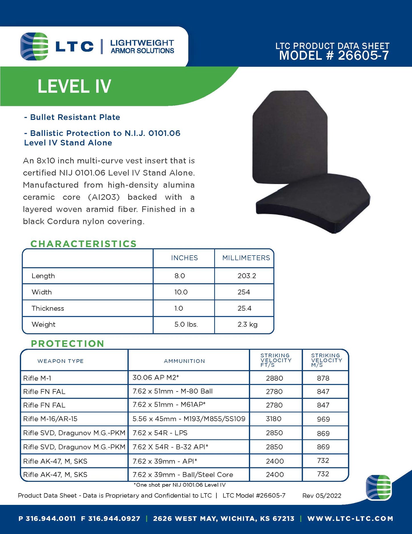 Ballistic Plate, LTC Product Data Sheet, Model 26605-7